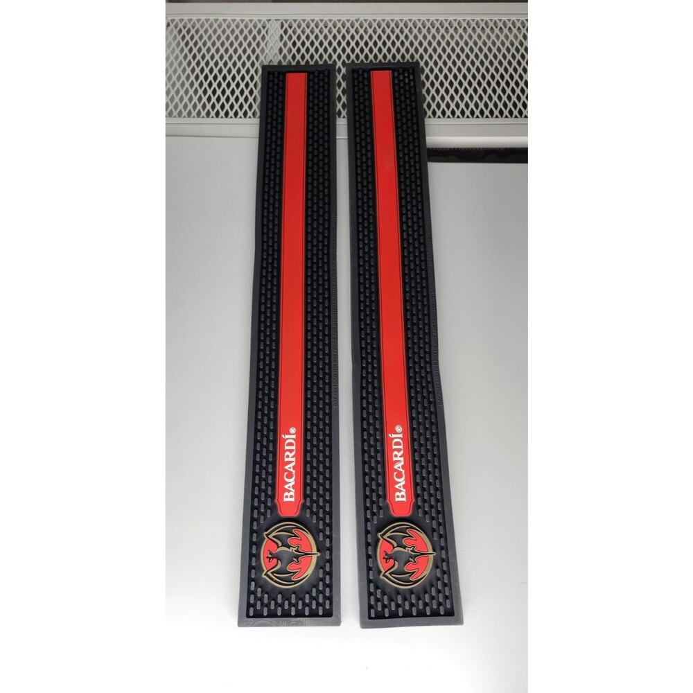 2x Bacardí Bar Mat Spill Rail Rubber Black, Red, and White, Gold 23.5" x 3.5"